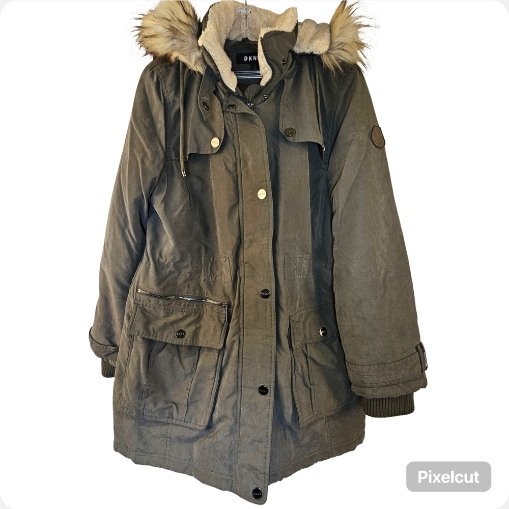 DKNY Olive Parka with Faux Fur Hood